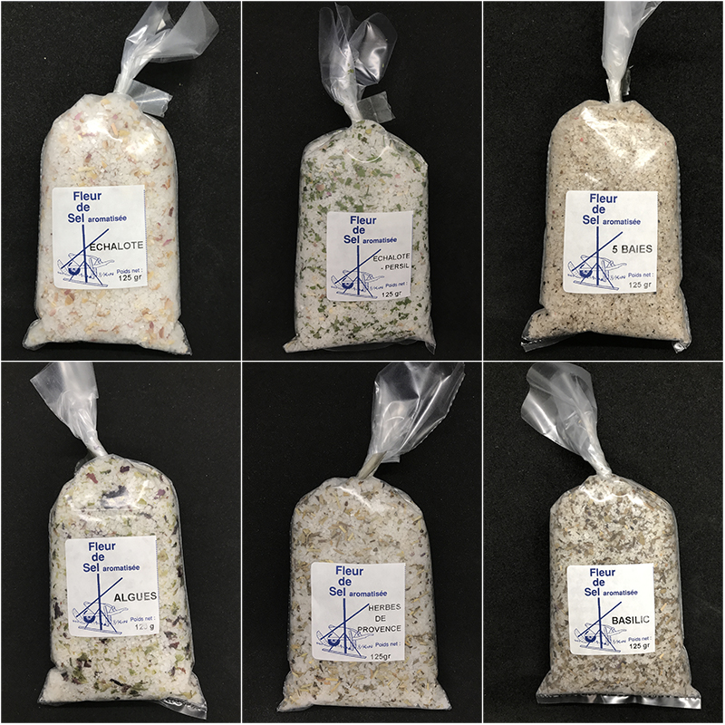 Fleur de sel aromatisée, Echalote, Echalote & persil, 5 baies, Algues, Herbes de Provence, Basilic